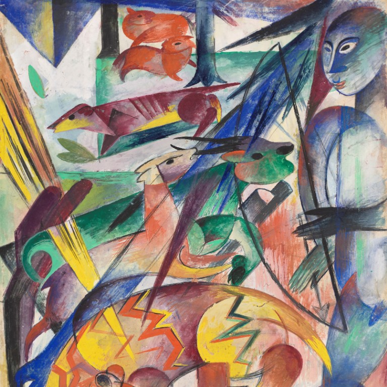 Heinrich Campendonk, Tiere des Waldes und Jäger, 1915 (Ausschnitt), Aquarell & Deckfarben auf Bütten, 55,5 x 41,5 cm, Kunstmuseum Gelsenkirchen, © VG Bild-Kunst, Bonn 2025, Dauerleihgabe des Landes Nordrhein-Westfalen, Foto: Martin Schmüdderich